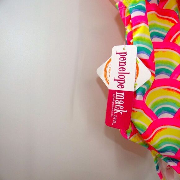 NWT Penelope Mack Bright Neon Rainbow Ruffle One Piece Swimsuit Kids Size 4 - Picture 5 of 6